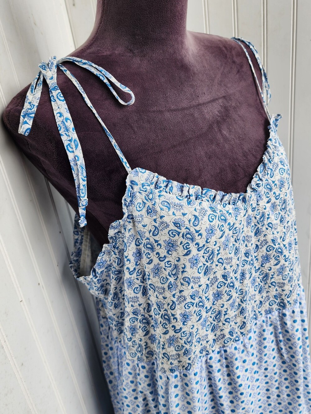 J. Crew Blue White Mixed Print Tiered Cotton Maxi Dress Paisley Striped Tie XL - Picture 5 of 15